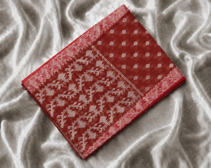 Brick Red Muslin Jamdani Saree with White Floral Buti and Traditional Woven Pallu