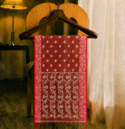 Brick Red Muslin Jamdani Saree with White Floral Buti and Traditional Woven Pallu