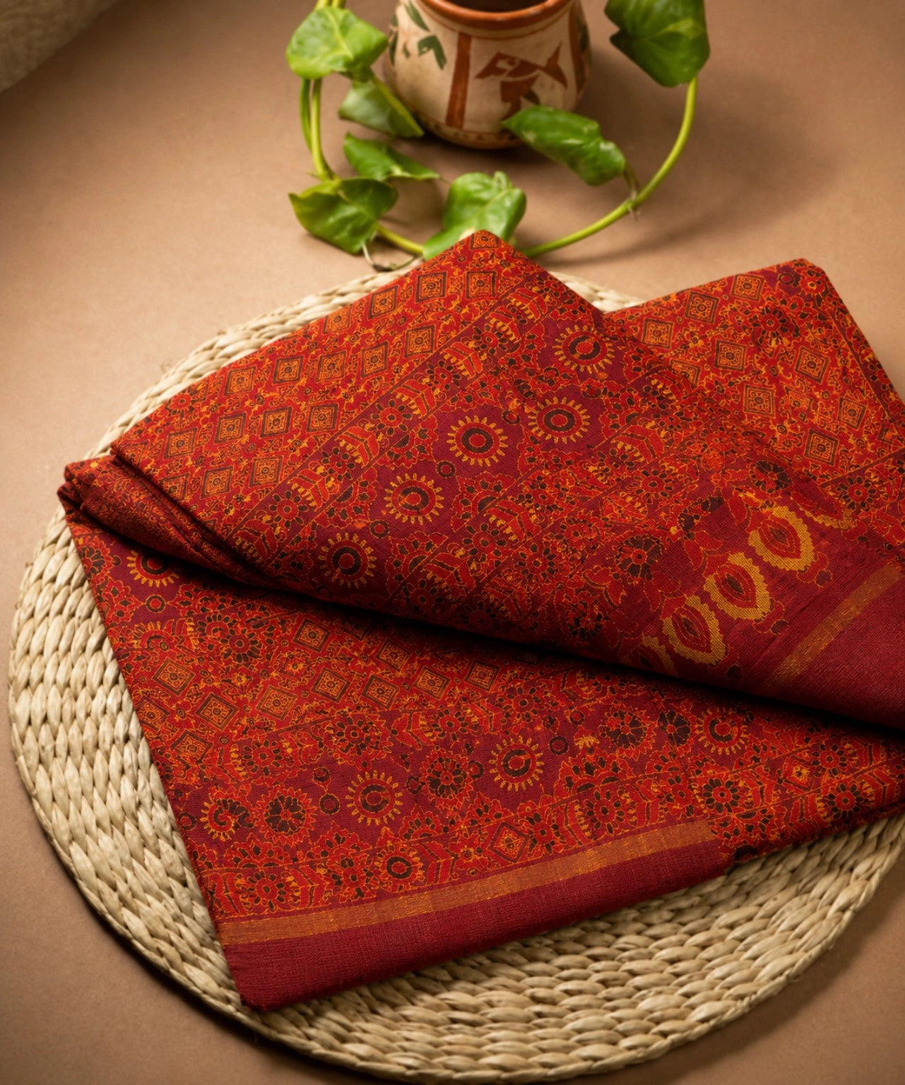 Maroon Kota Doria Hand Block Print Saree with Geometric Diamond Motifs & Traditional Borders (Copy)