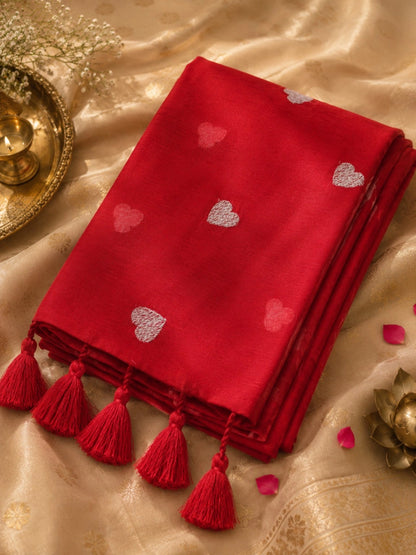 Scarlet Red Mul Cotton Embroidered Heart Motif Saree with Tassel Pallu