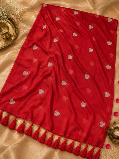 Scarlet Red Mul Cotton Embroidered Heart Motif Saree with Tassel Pallu