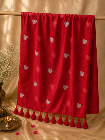 Scarlet Red Mul Cotton Embroidered Heart Motif Saree with Tassel Pallu