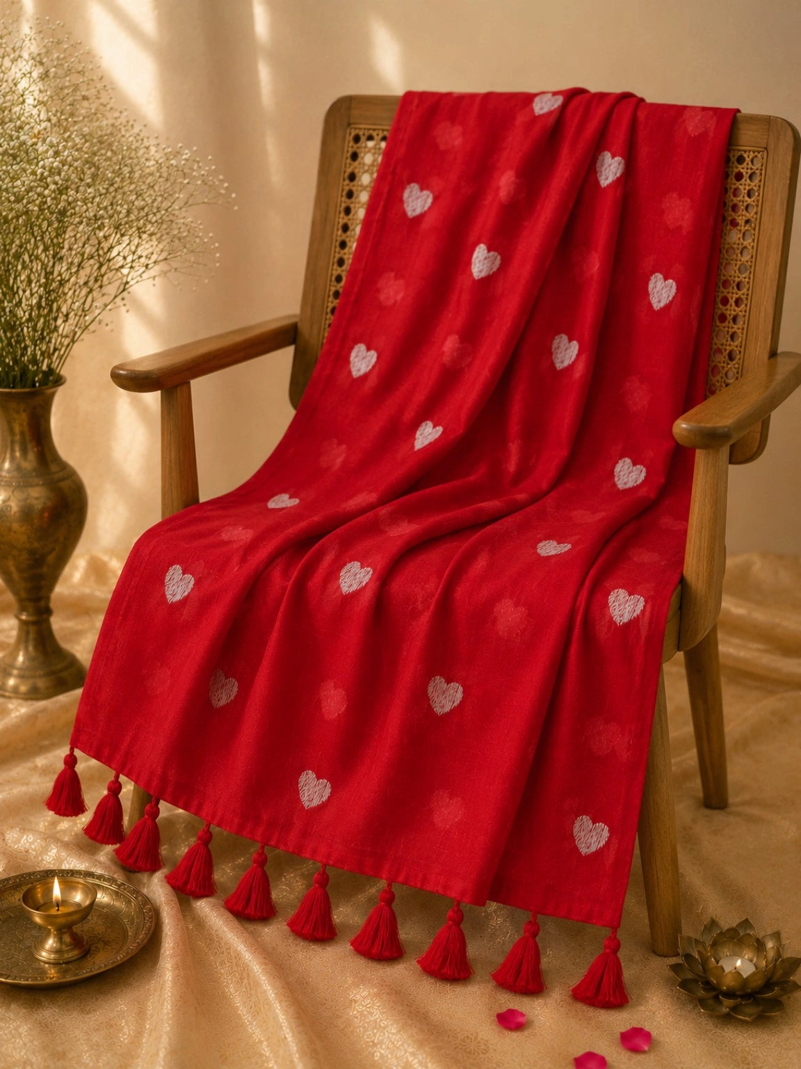 Scarlet Red Mul Cotton Embroidered Heart Motif Saree with Tassel Pallu