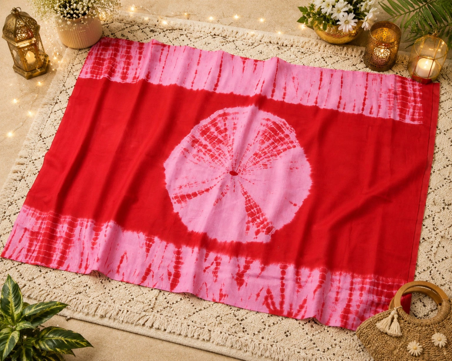 Red & Pink Tie-Dye Mul Cotton Saree with Circular Shibori Motif