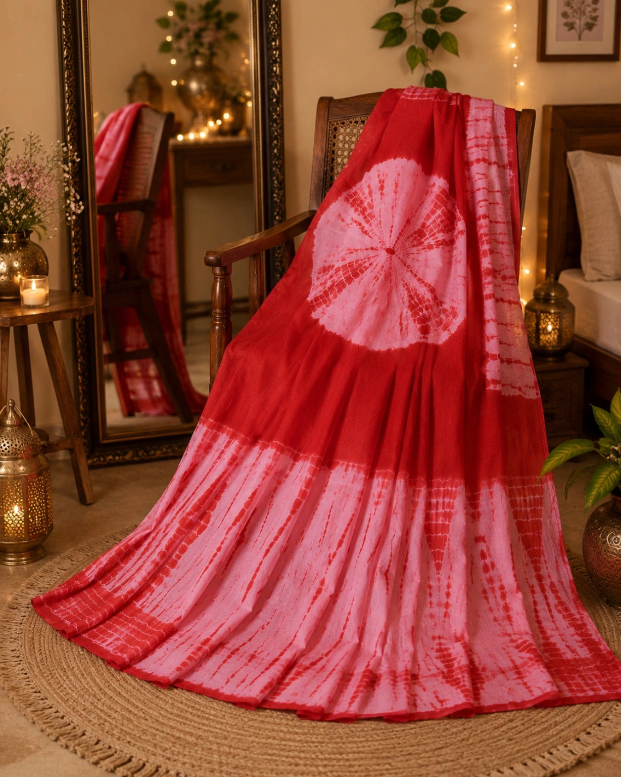 Red & Pink Tie-Dye Mul Cotton Saree with Circular Shibori Motif