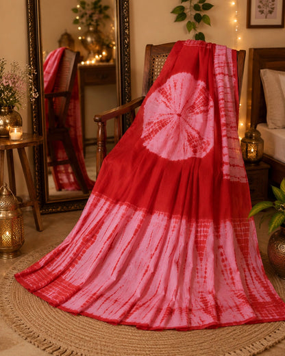 Red & Pink Tie-Dye Mul Cotton Saree with Circular Shibori Motif