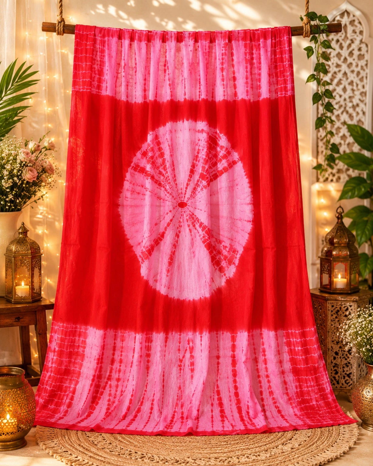 Red & Pink Tie-Dye Mul Cotton Saree with Circular Shibori Motif