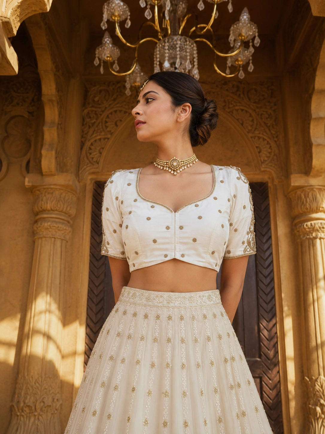 White Raw Silk Bridal Ari Work Embroidered Blouse for Wedding & Festive Wear 