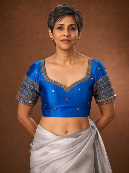 Royal Blue Raw Silk Zardozi Blouse on Model
