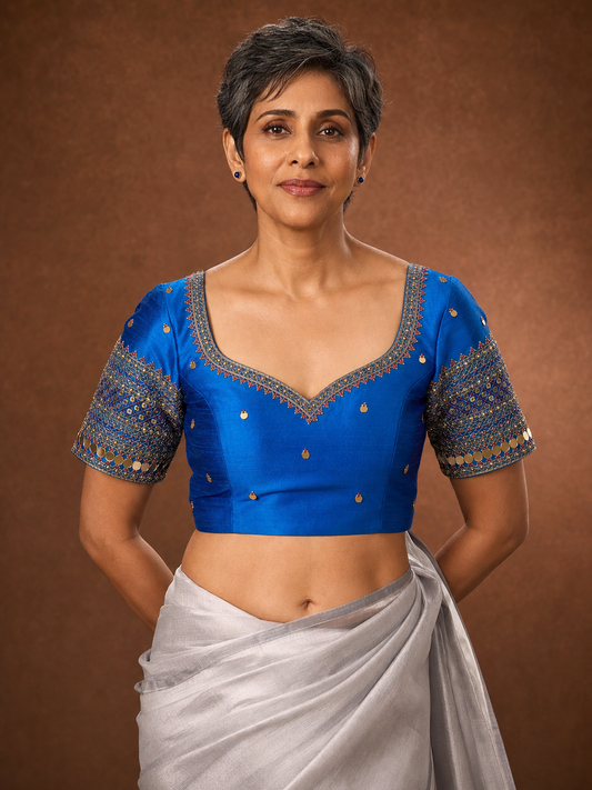 Royal Blue Raw Silk Zardozi Blouse on Model