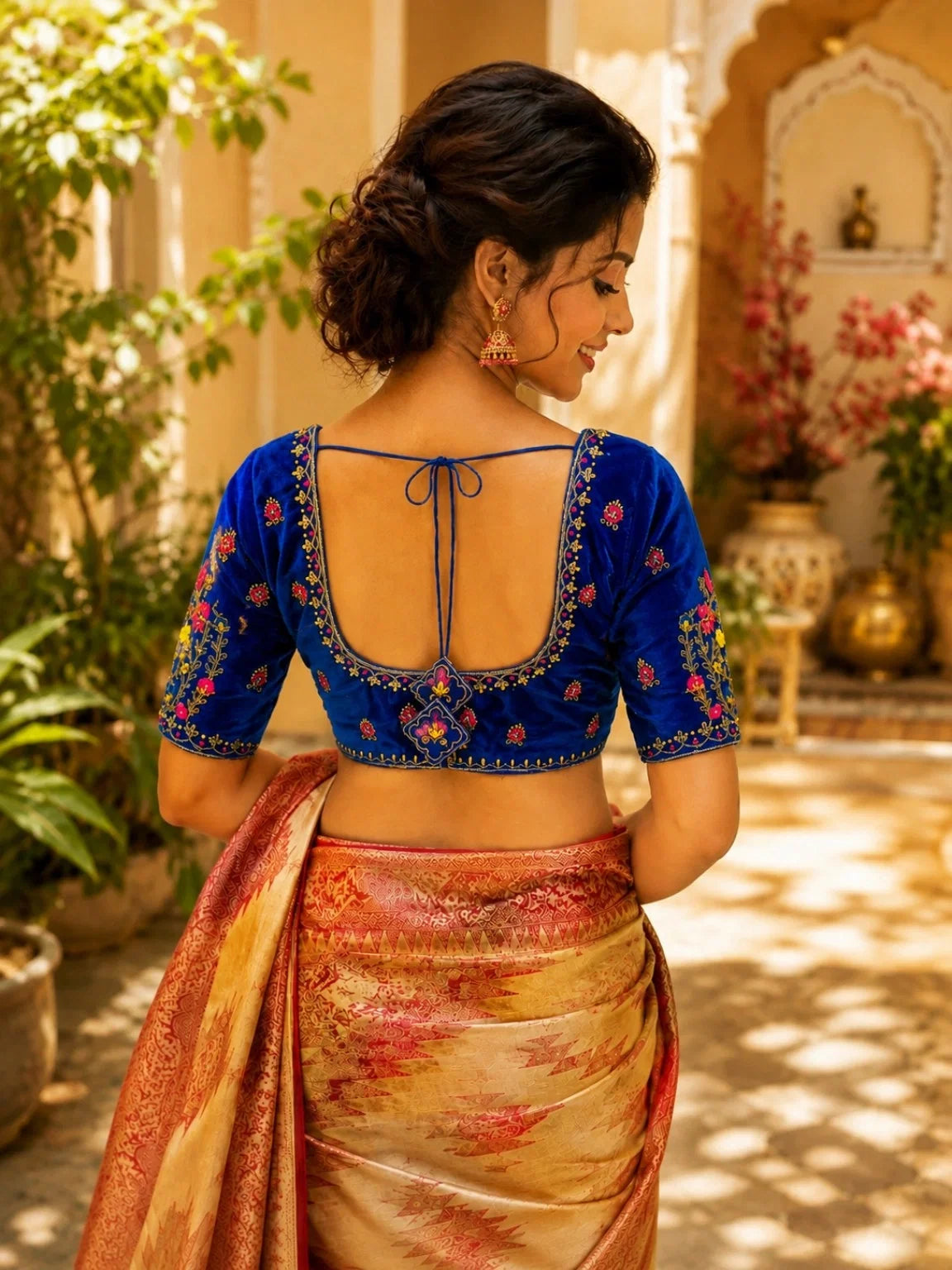 Royal Blue Velvet Ari Work Sabyasachi Glass Sleeve Blouse for Women Floral Embroidered Bridal & Festive Ethnic Blouse