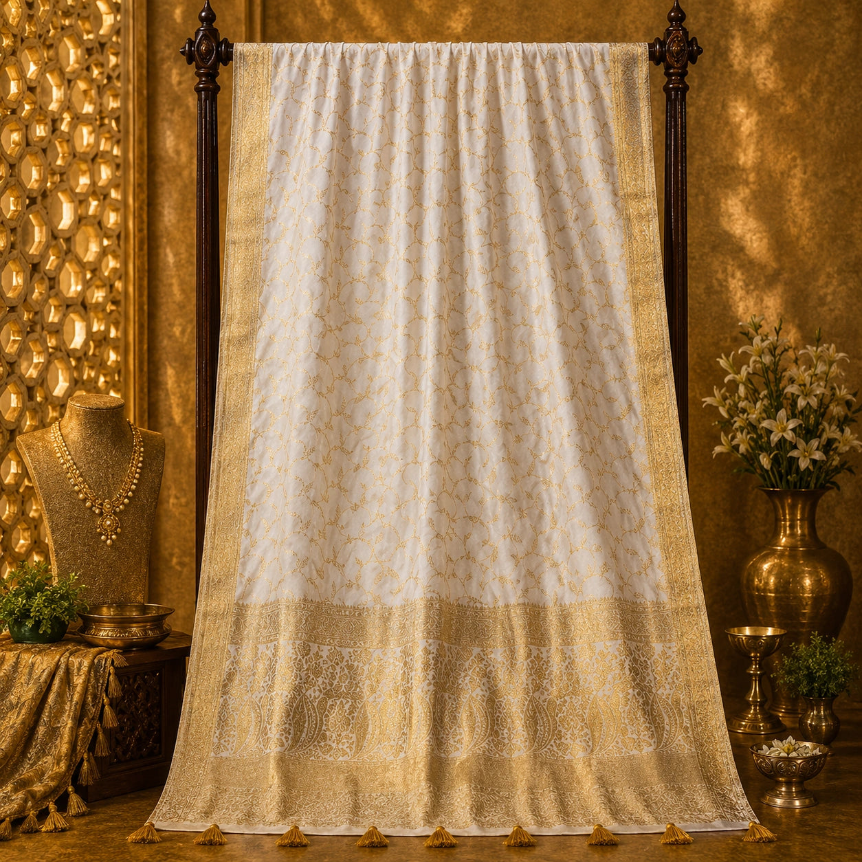 Ivory White Pure Masru Silk Saree with Gold Floral Vine Weaving and Ornate Zari Border
