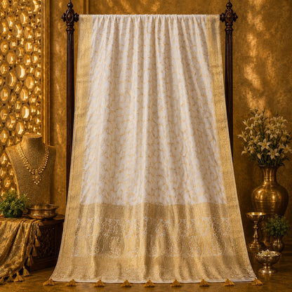 Ivory White Pure Masru Silk Saree with Gold Floral Vine Weaving and Ornate Zari Border
