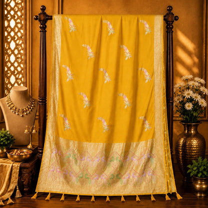 Mustard Yellow Pure Masru Silk Saree with Gold Zari Floral Buta and Ornate Woven Border