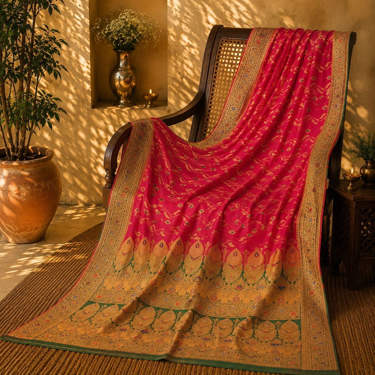 Rani Pink Semi Katan Jaal Work Saree with Gold Zari Floral Border & Ornate Traditional Pallu
