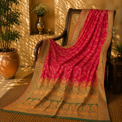 Rani Pink Semi Katan Jaal Work Saree with Gold Zari Floral Border & Ornate Traditional Pallu
