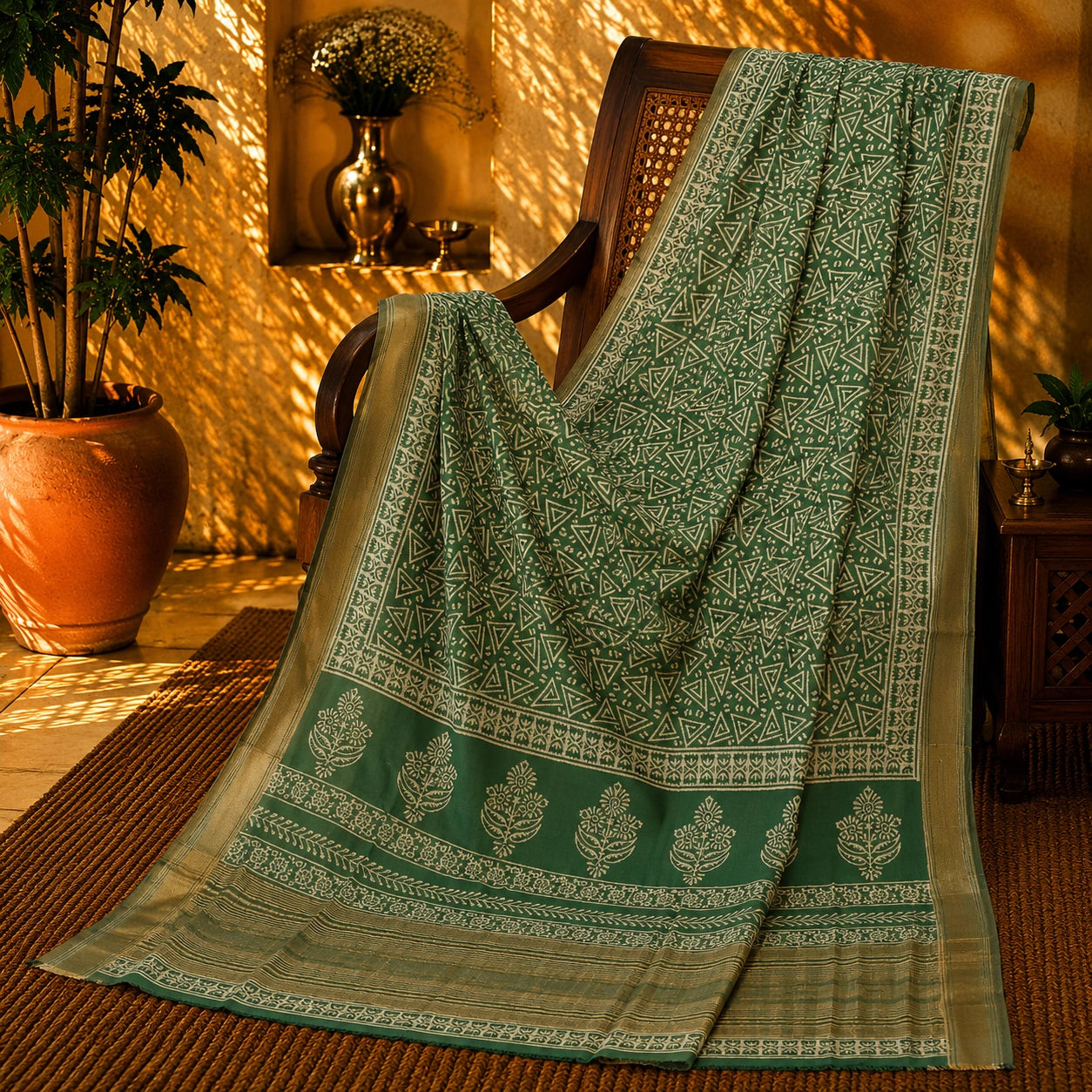 Sage Green Maheshwari Silk Saree with Tribal Geometric Print and Floral Border Design