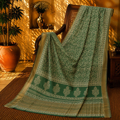 Sage Green Maheshwari Silk Saree with Tribal Geometric Print and Floral Border Design