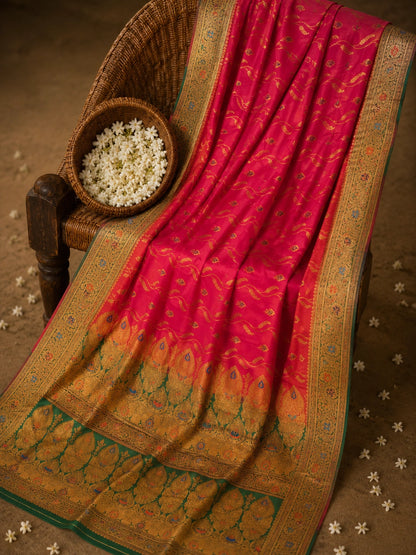 Rani Pink Semi Katan Jaal Work Saree with Gold Zari Floral Border & Ornate Traditional Pallu