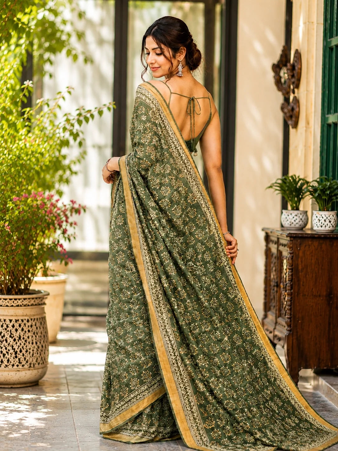Sage Green Maheshwari Saree model image