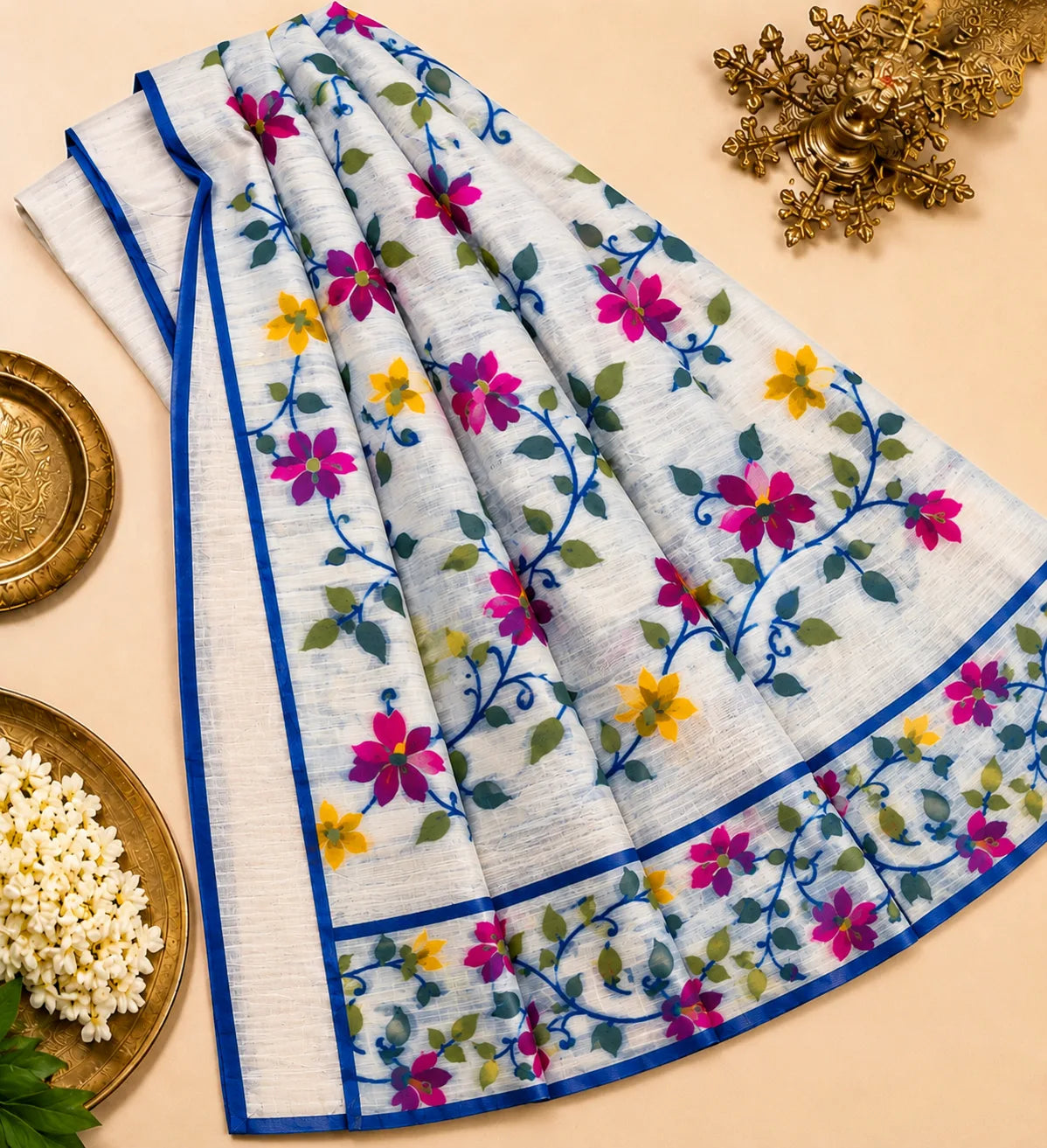 White Muslin Bonolota Saree with Multicolor Floral Vine Print and Royal Blue Border