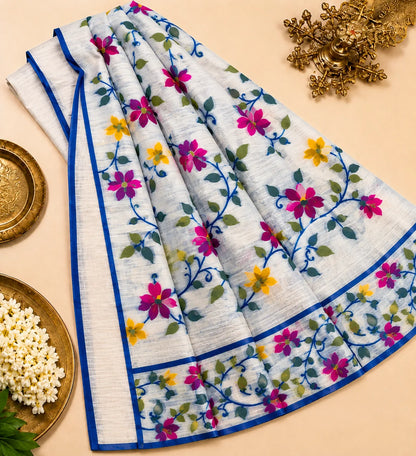 White Muslin Bonolota Saree with Multicolor Floral Vine Print and Royal Blue Border