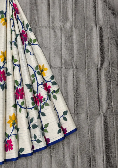 White Muslin Bonolota Saree with Multicolor Floral Vine Print and Royal Blue Border