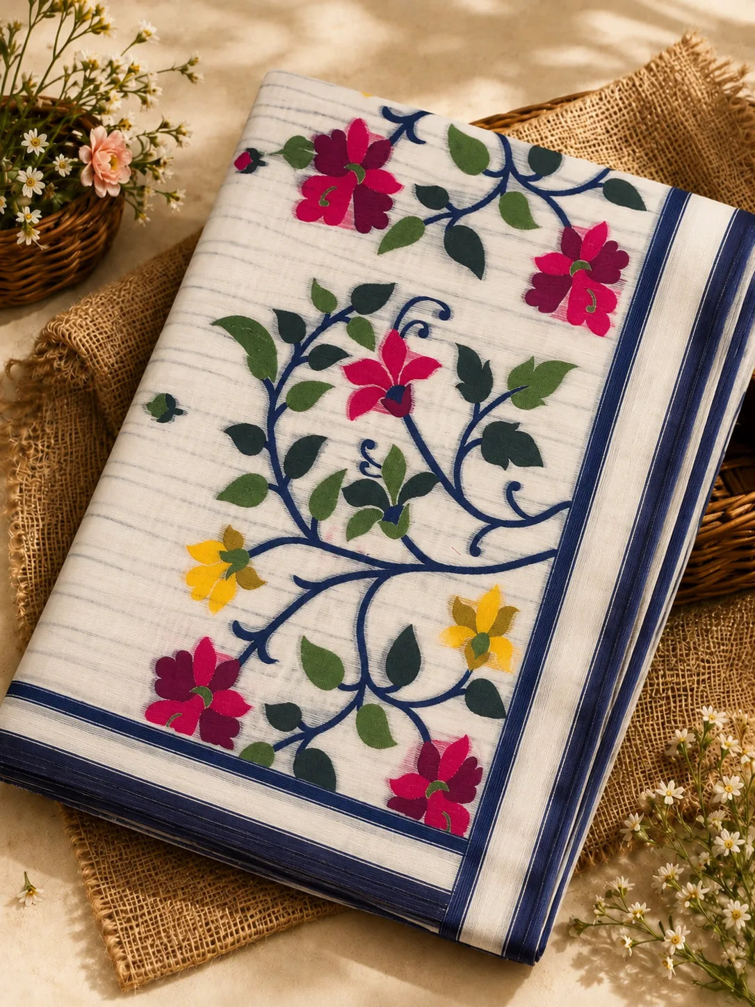 White Muslin Bonolota Saree with Multicolor Floral Vine Print and Royal Blue Border