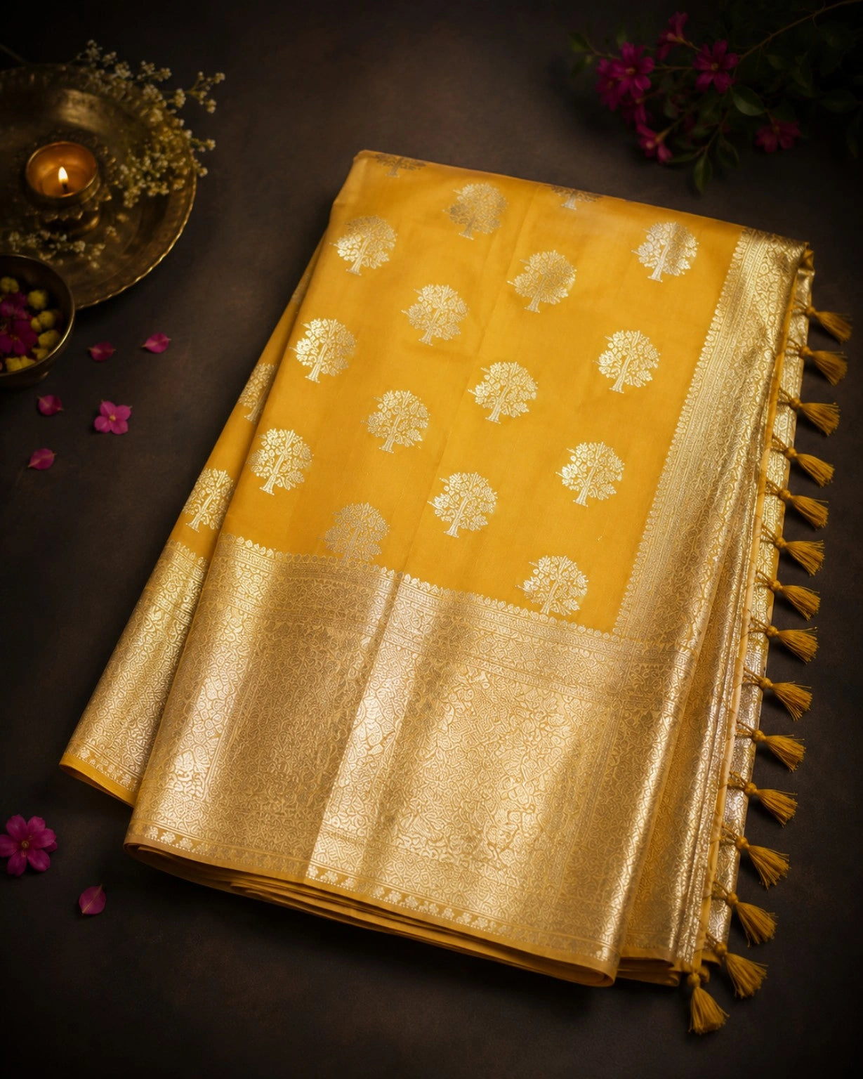 Mustard Yellow Katan Silk Banarasi Saree with Silver Tree Motifs and Rich Zari Woven Border