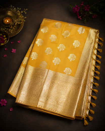 Mustard Yellow Katan Silk Banarasi Saree with Silver Tree Motifs and Rich Zari Woven Border