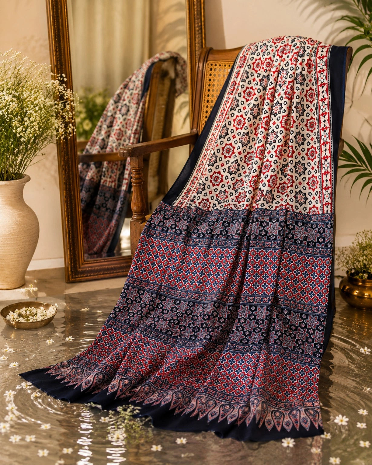 Mul Cotton Saree in Ivory White & Navy Blue Ajrakh-Inspired Floral Geometric Print