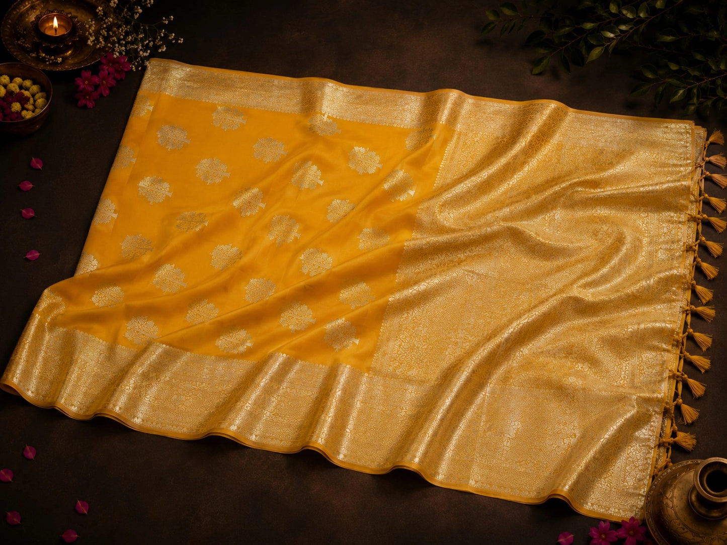 Mustard Yellow Katan Silk Banarasi Saree with Silver Tree Motifs and Rich Zari Woven Border
