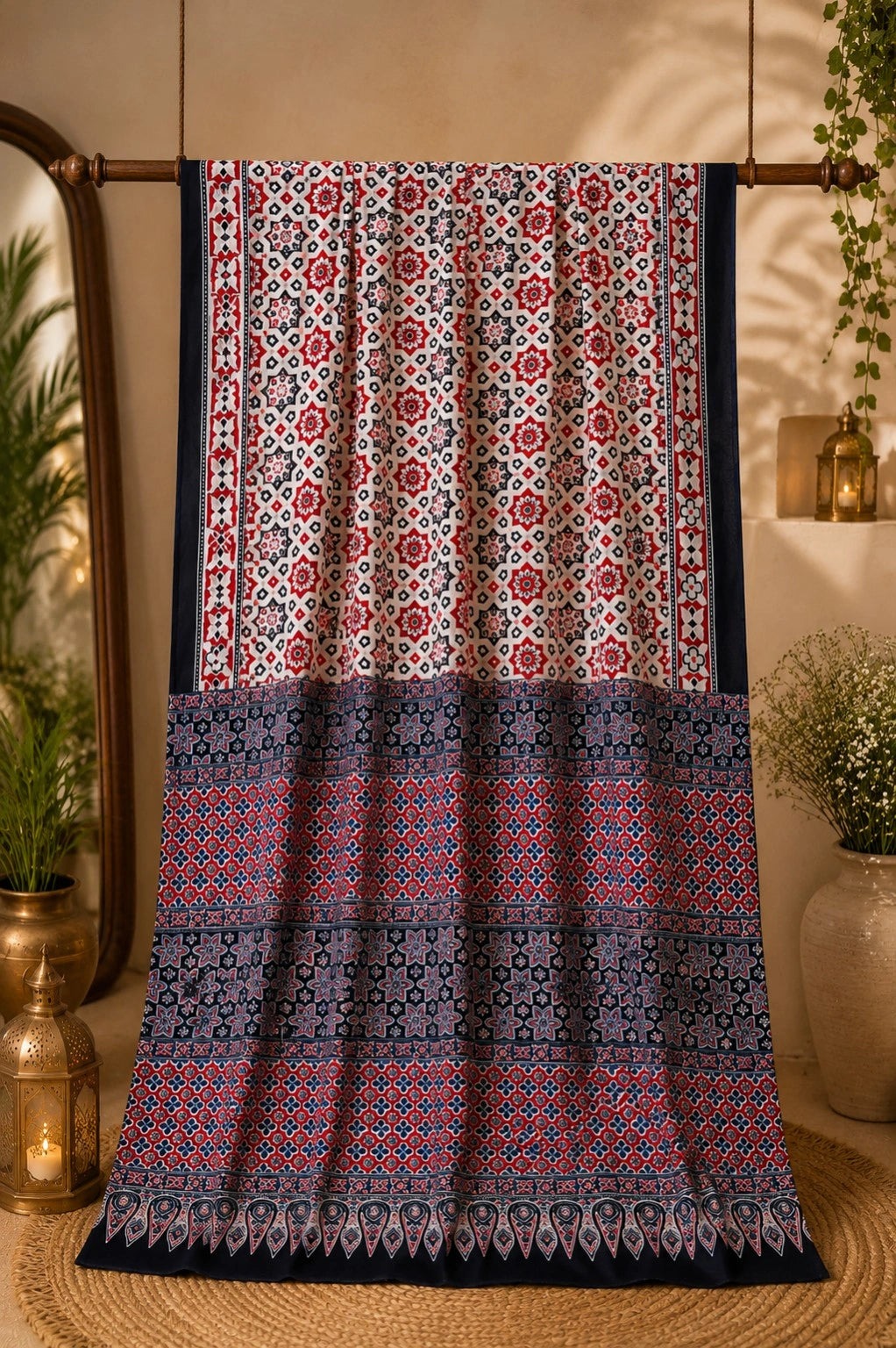 Mul Cotton Saree in Ivory White & Navy Blue Ajrakh-Inspired Floral Geometric Print