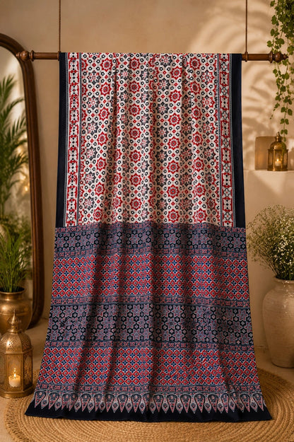 Mul Cotton Saree in Ivory White & Navy Blue Ajrakh-Inspired Floral Geometric Print