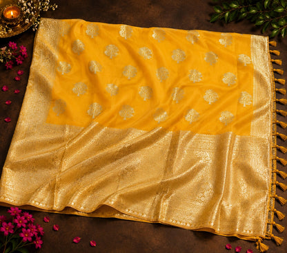 Mustard Yellow Katan Silk Banarasi Saree with Silver Tree Motifs and Rich Zari Woven Border