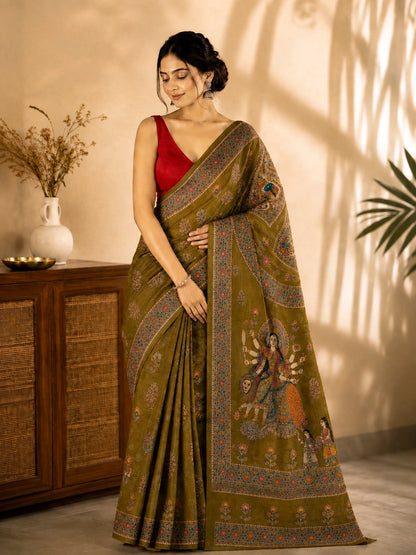 Olive Green Ghicha Tussar Saree with Madhubani Durga Artwork and Traditional Folk Border