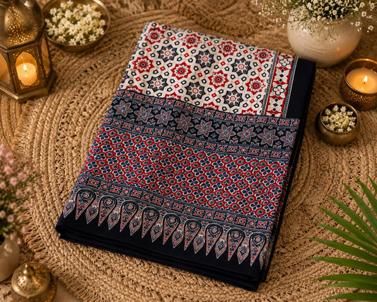 Mul Cotton Saree in Ivory White & Navy Blue Ajrakh-Inspired Floral Geometric Print