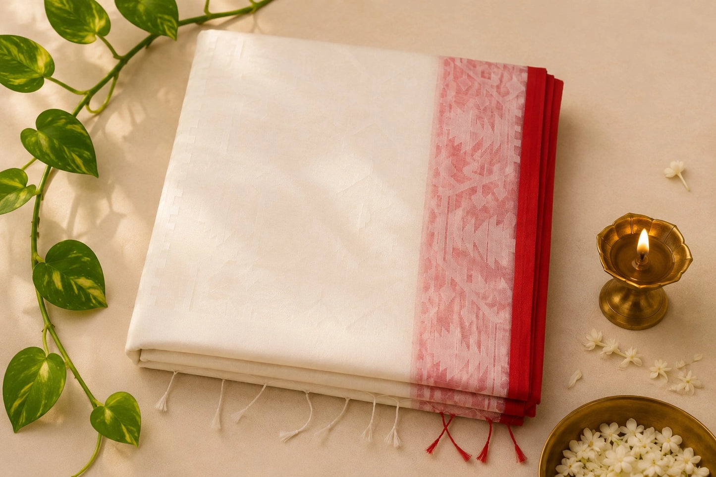 White Muslin Saree with Red Jamdani Inspired Woven Border & Buti Design