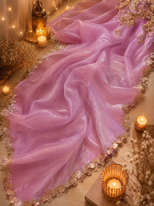 Baby Pink Fandy Crush Saree with Floral Sequin Lace Border Party Wear Saree
