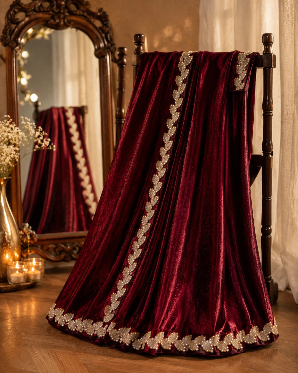 Burgundy Fandy Satin Saree with Embroidered Leaf Border Designer Party Wear Saree