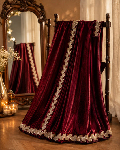 Burgundy Fandy Satin Saree with Embroidered Leaf Border Designer Party Wear Saree