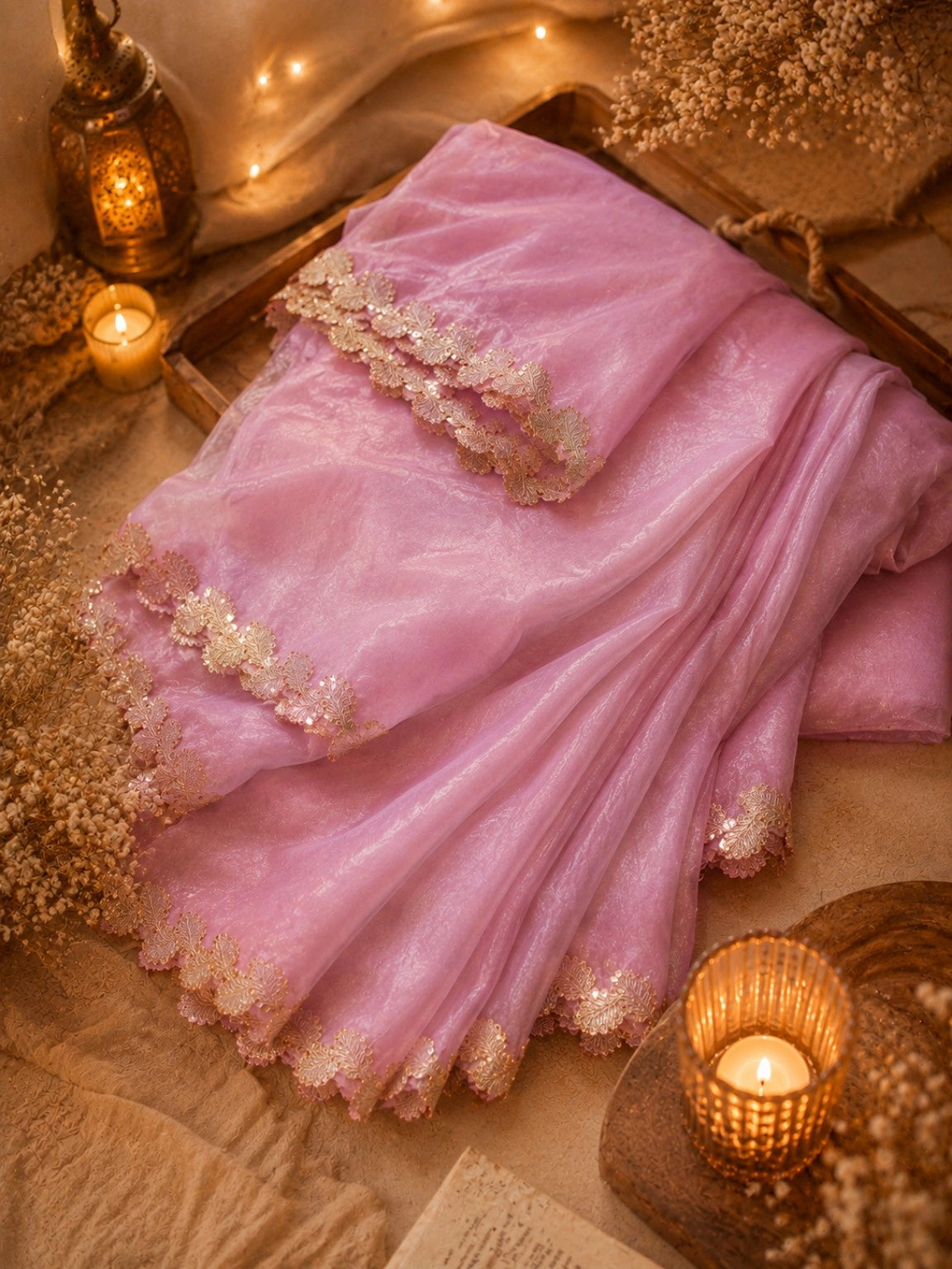 Baby Pink Fandy Crush Saree with Floral Sequin Lace Border Party Wear Saree