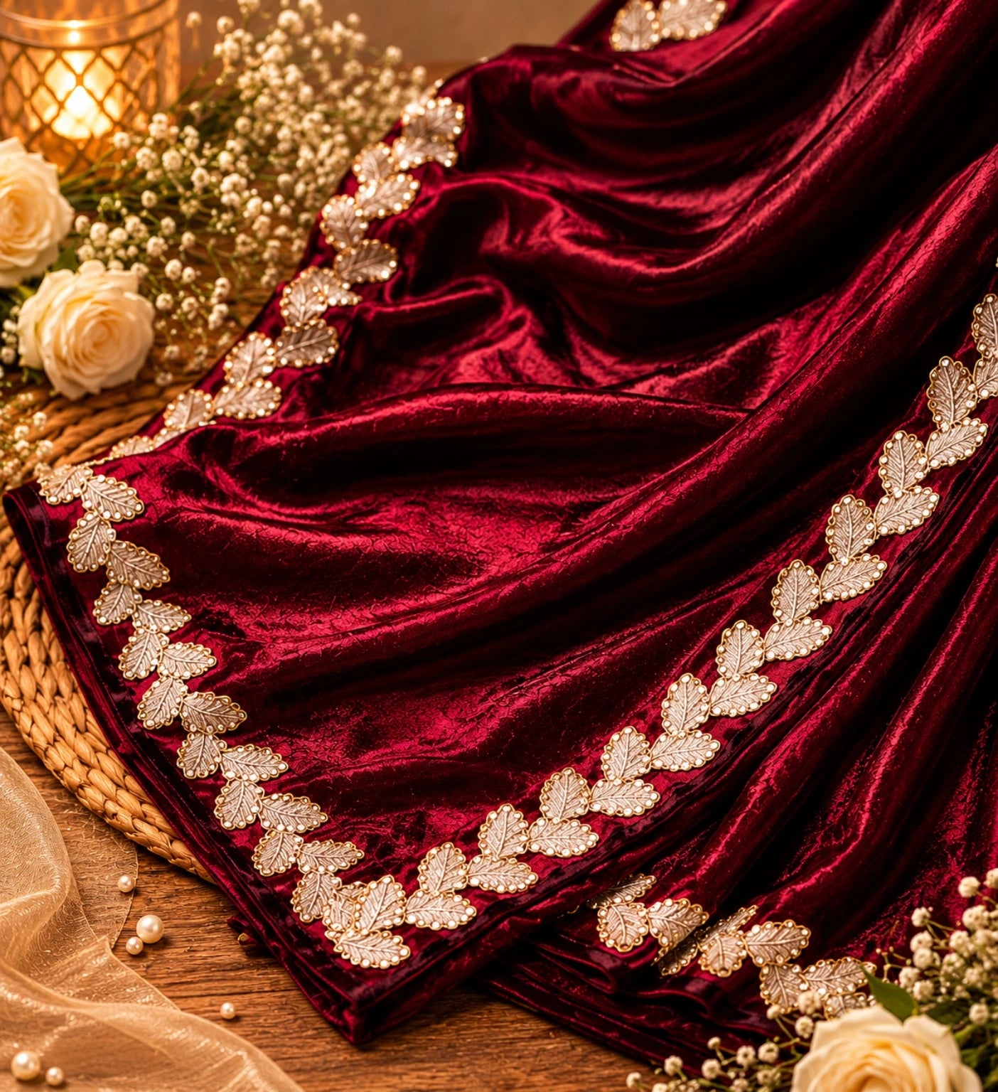 Burgundy Fandy Satin Saree with Embroidered Leaf Border Designer Party Wear Saree
