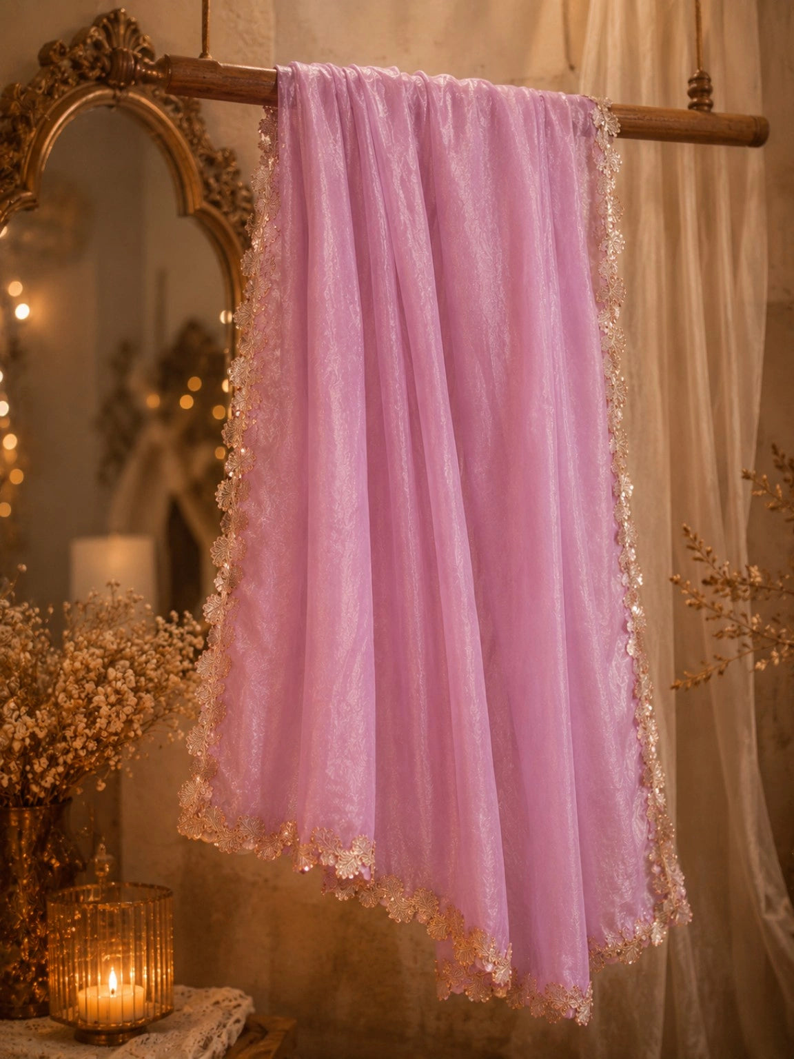 Baby Pink Fandy Crush Saree with Floral Sequin Lace Border Party Wear Saree