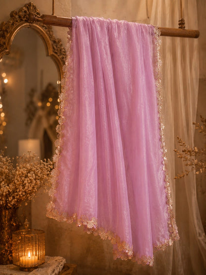 Baby Pink Fandy Crush Saree with Floral Sequin Lace Border Party Wear Saree