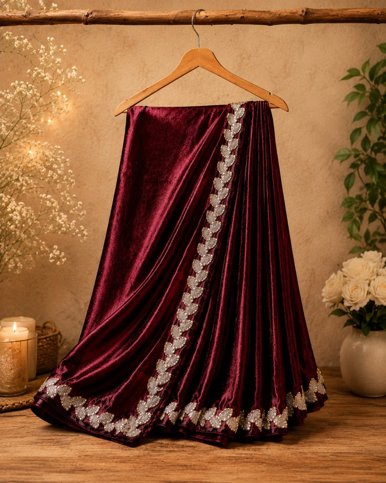 Burgundy Fandy Satin Saree with Embroidered Leaf Border Designer Party Wear Saree