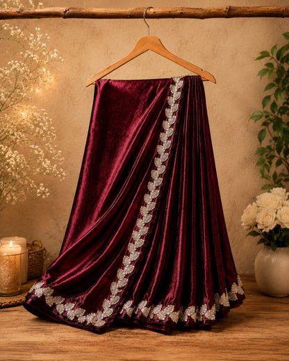 Burgundy Fandy Satin Saree with Embroidered Leaf Border Designer Party Wear Saree