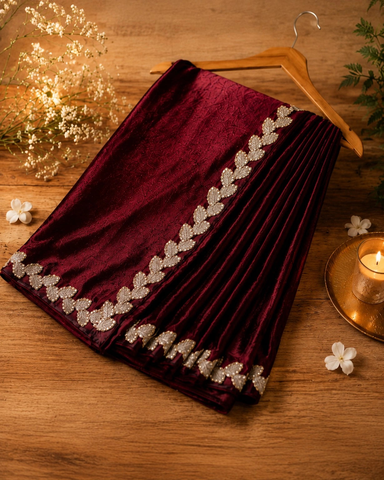Burgundy Fandy Satin Saree with Embroidered Leaf Border Designer Party Wear Saree