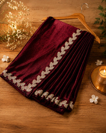Burgundy Fandy Satin Saree with Embroidered Leaf Border Designer Party Wear Saree