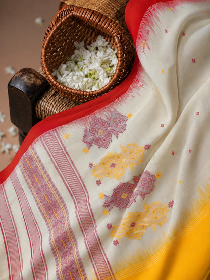 Off White & Mustard Yellow Cotton Jamdani Ganga Jamuna Border Saree with Traditional Woven Motifs